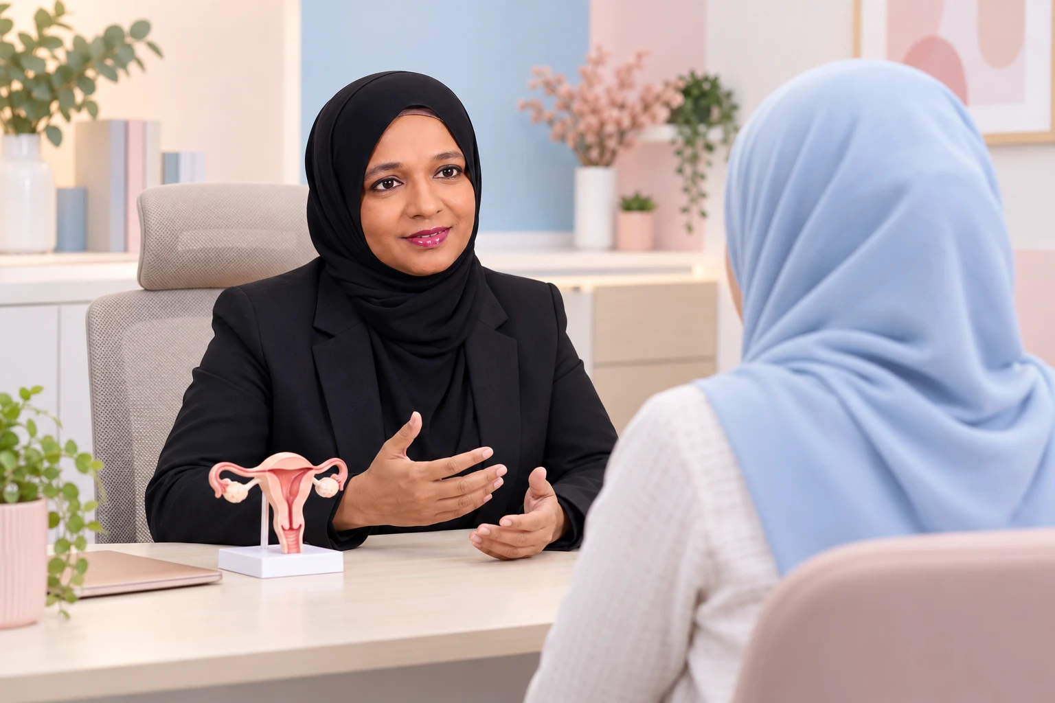 Illustrative O&G consultation with Dr Nazurah and a fictional patient shown from behind